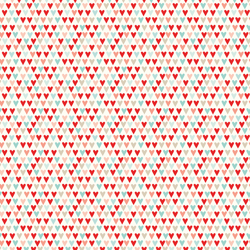 Cream fabric with tight organized rows of red, pink, and blue hearts.