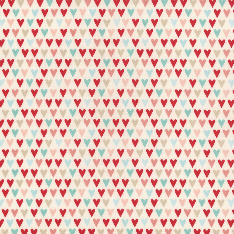 Cream fabric with tight organized rows of red, pink, and blue hearts.