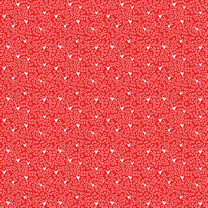 Red fabric with small hearts on a white bubbly background.