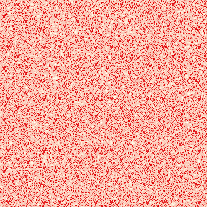 Pink fabric with small hearts on a red bubbly background.