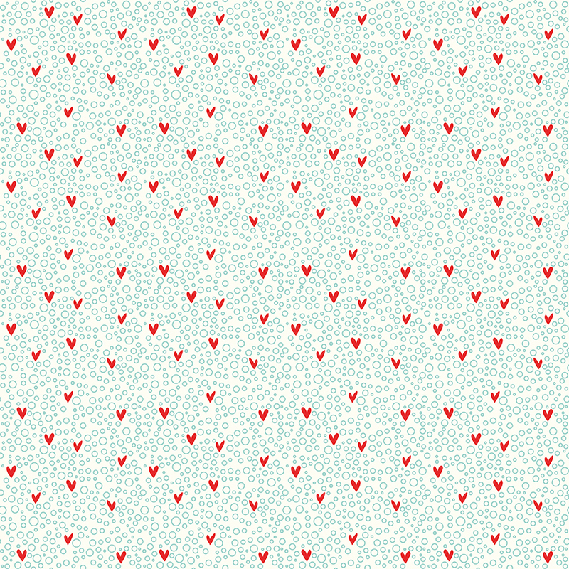 Cream fabric with small hearts on a blue bubbly background.