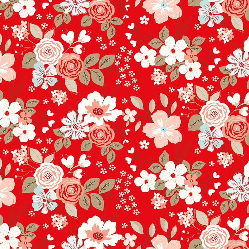 Seamless floral fabric pattern featuring pink and white flowers on a vibrant red background.