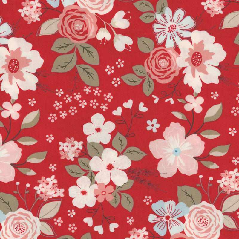 Seamless floral fabric pattern featuring pink and white flowers on a vibrant red background.