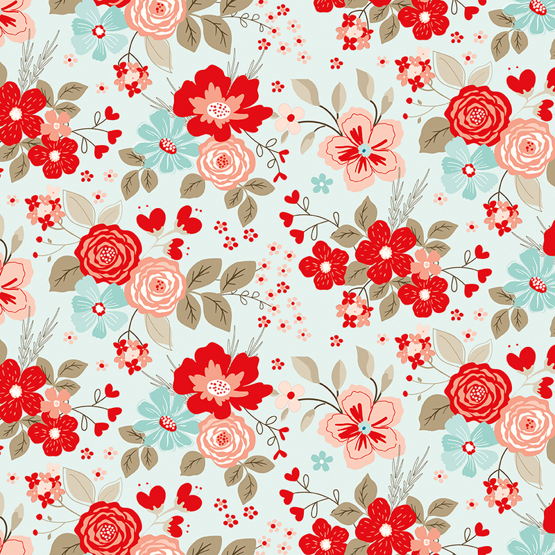 A repeating fabric pattern of colorful floral designs featuring red, pink, and blue flowers on a light background.