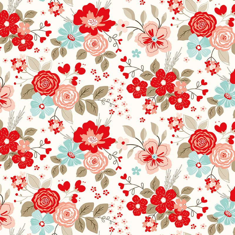 A repeating fabric pattern of vibrant flowers, including red, pink, and blue blooms on a cream background.