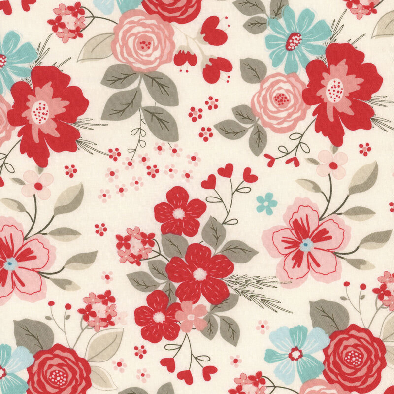 A repeating fabric pattern of vibrant flowers, including red, pink, and blue blooms on a cream background.