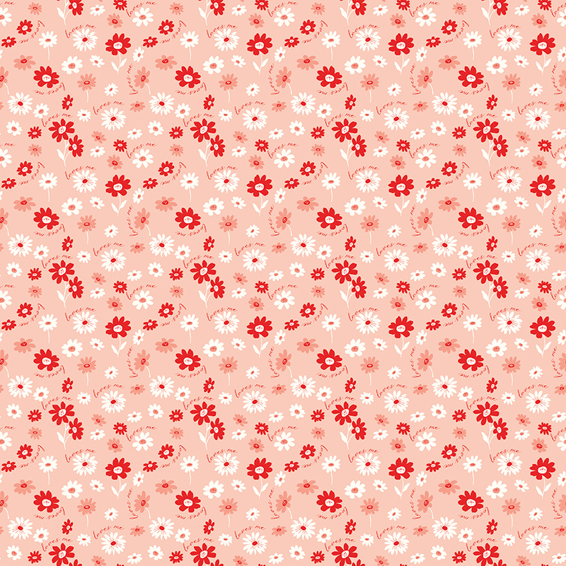 Cream fabric with a design of small red, pink, and white flowers with a repeating pattern of the words 