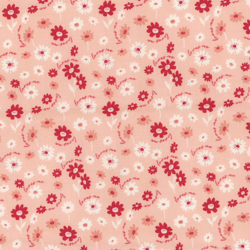 Cream fabric with a design of small red, pink, and white flowers with a repeating pattern of the words 