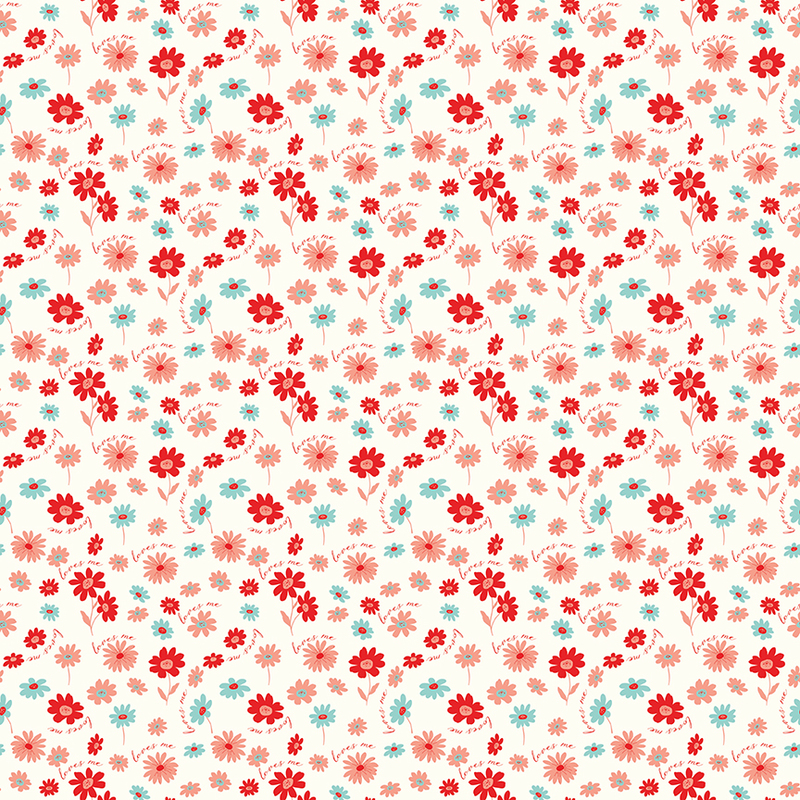 Cream fabric with a design of small red, pink, and blue flowers with a repeating pattern of the words 