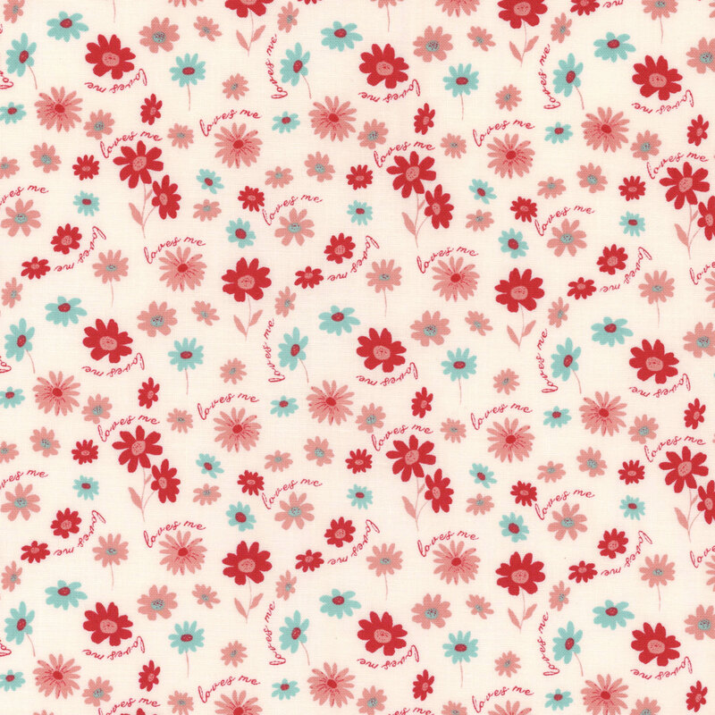 Cream fabric with a design of small red, pink, and blue flowers with a repeating pattern of the words 