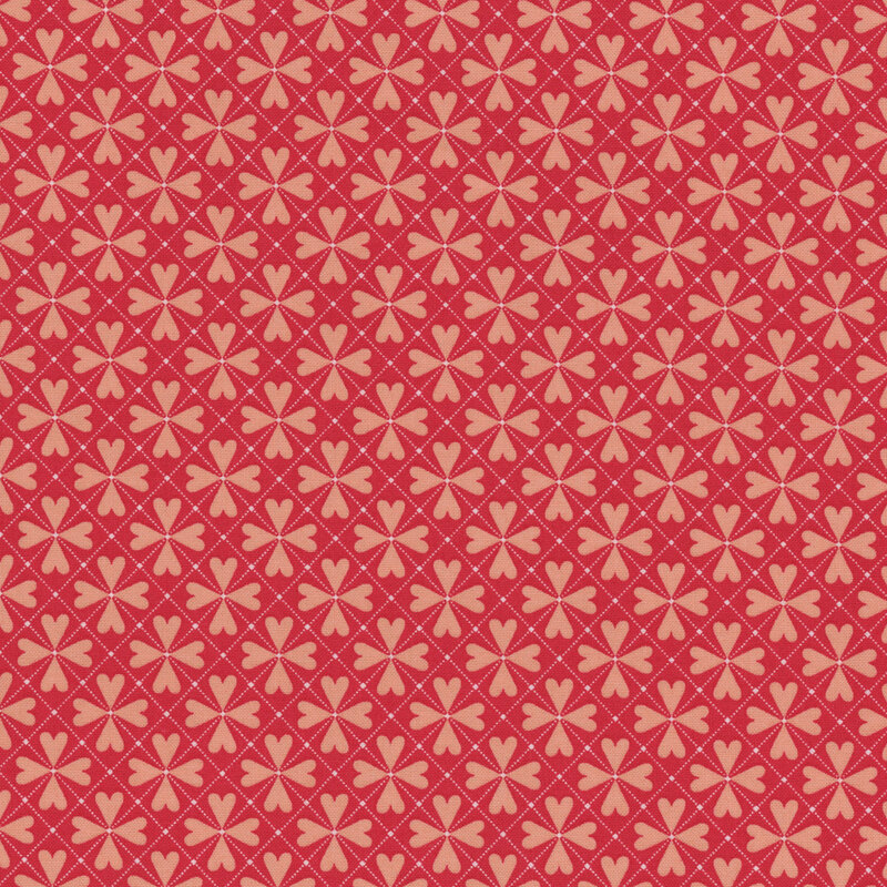 A repeated pattern of small pink hearts on a vibrant red background.