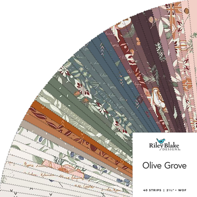 a fanned collage of fabric featuring florals, leaves, motifs, and geometric shapes. All in white, burnt orange, green, blue, purple, and light pink