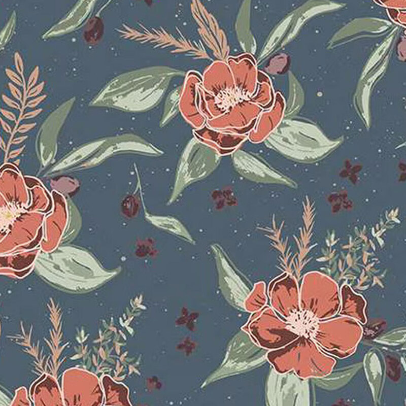 fabric pattern of a pale red flower with leaves on a blue background