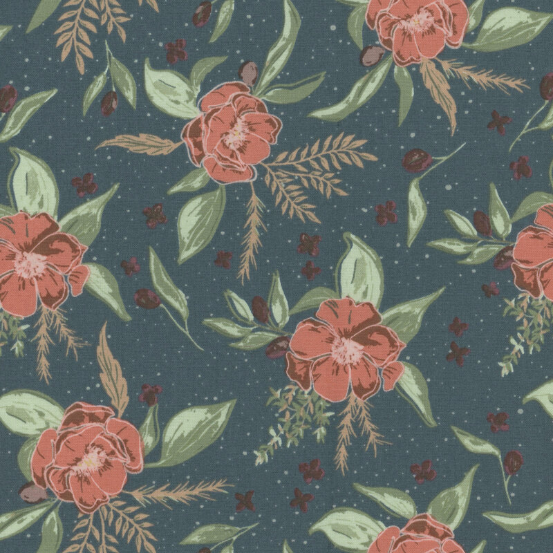 fabric with a pale red flower with leaves on a blue background