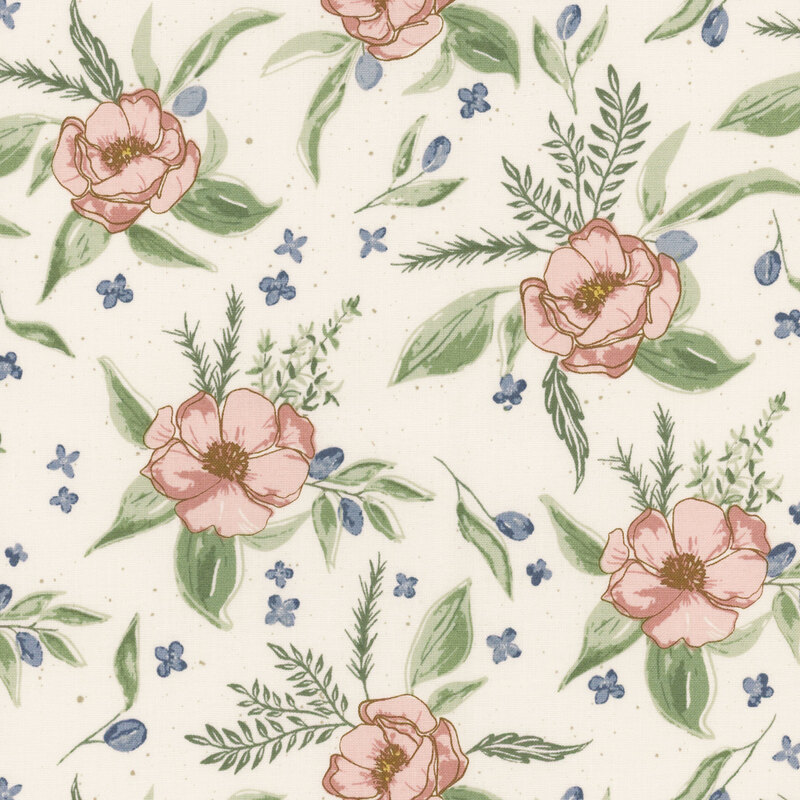 fabric with a pale pink flowers with leaves on a white background