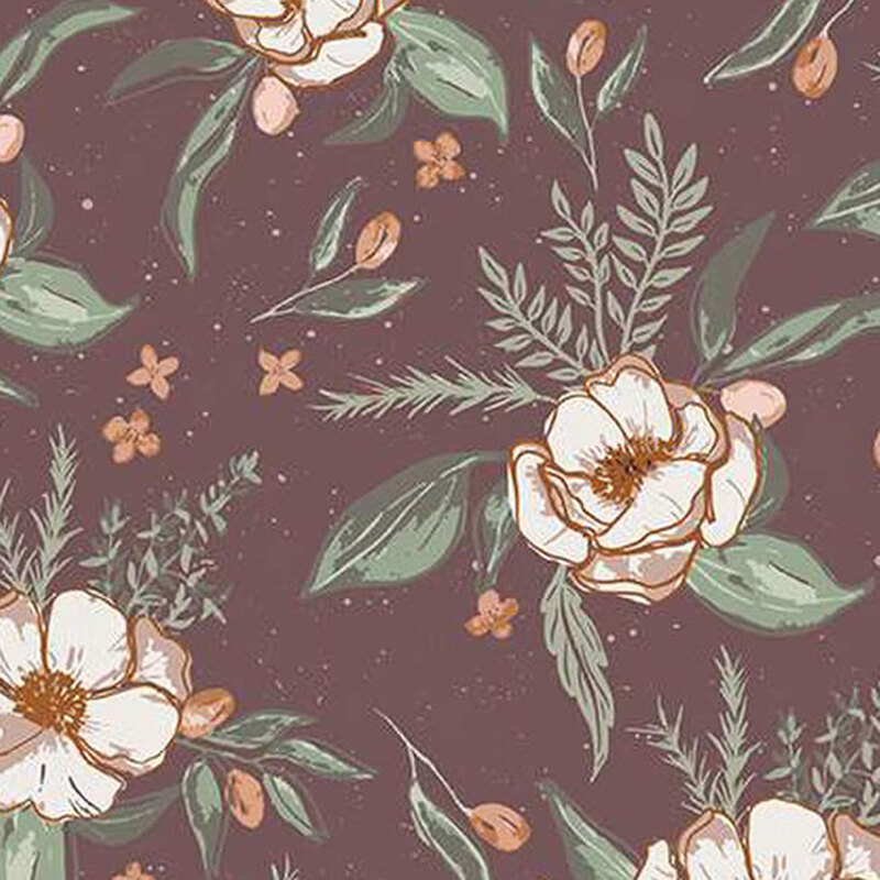 fabric pattern of a white flower with leaves on a pale purple background