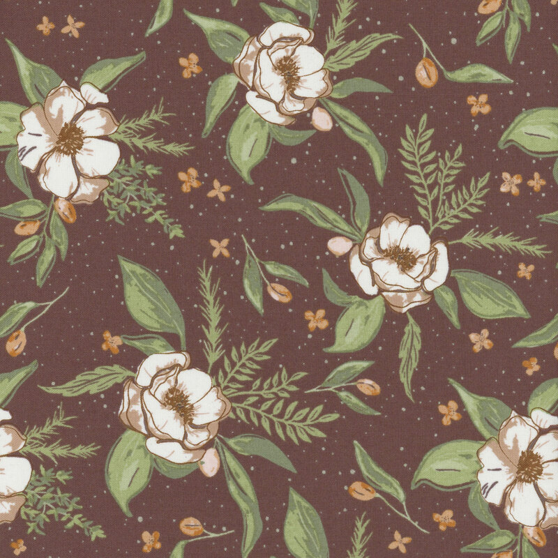 fabric pattern of a white flowers with leaves on a pale purple background