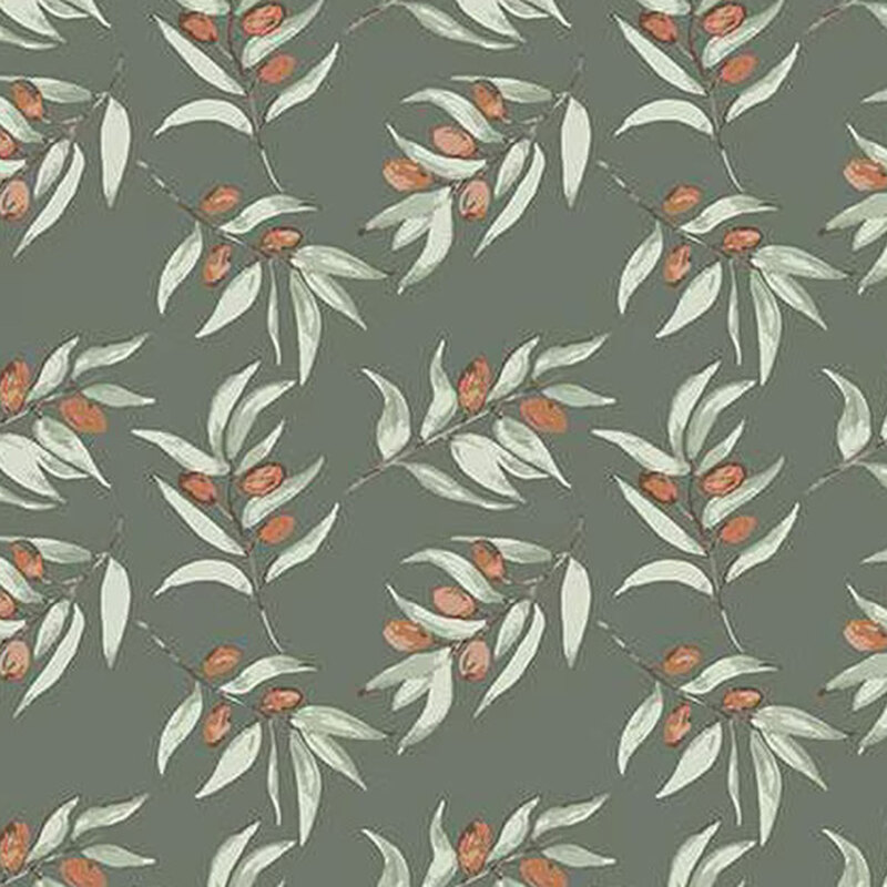 fabric pattern of leaf and branches with orange unblossomed flowers on a green background