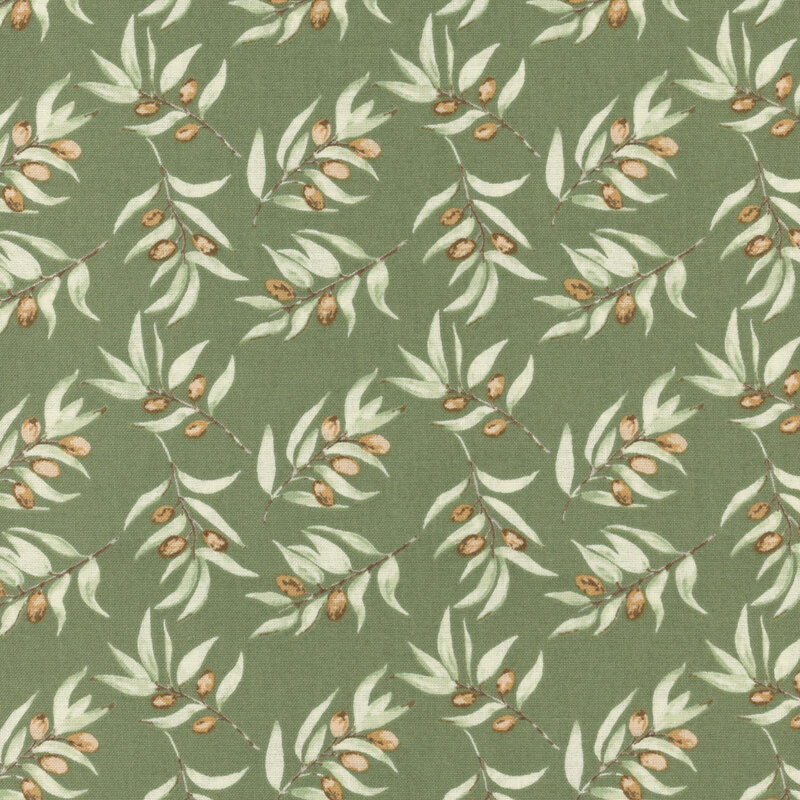 fabric with leaf and branches with olive sprigs on a green background