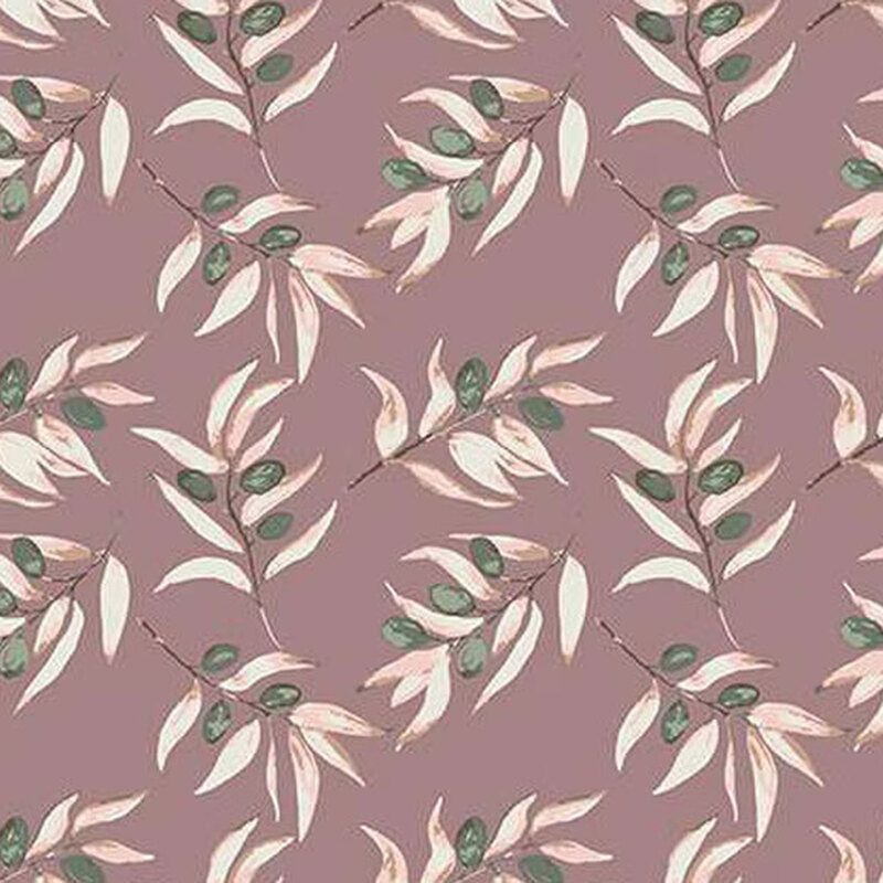 fabric pattern of pink leaf and branches with green unblossomed flowers on a pale purple background