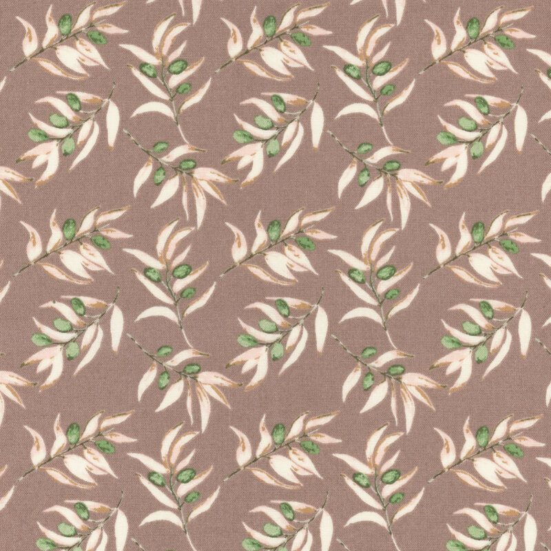 fabric with leaf and branches with olive sprigs on a muted purple background
