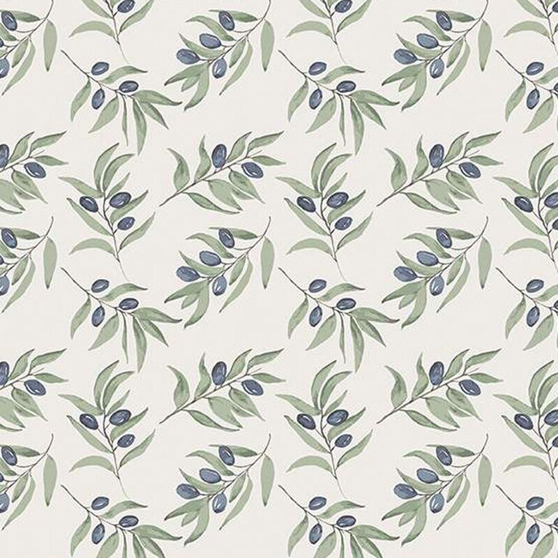 fabric pattern of leaf and branches with blue unblossomed flowers on a white background