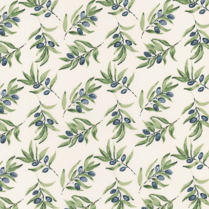 fabric with leaf and branches with olive sprigs on an ivory background