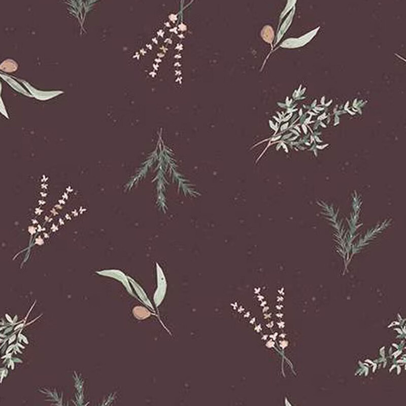 fabric pattern of leaves and branches with on a pale purple bakcground