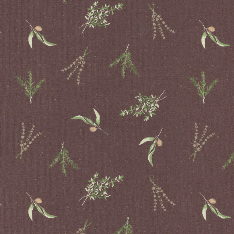fabric with leaves and branches with on a pale purple bakcground