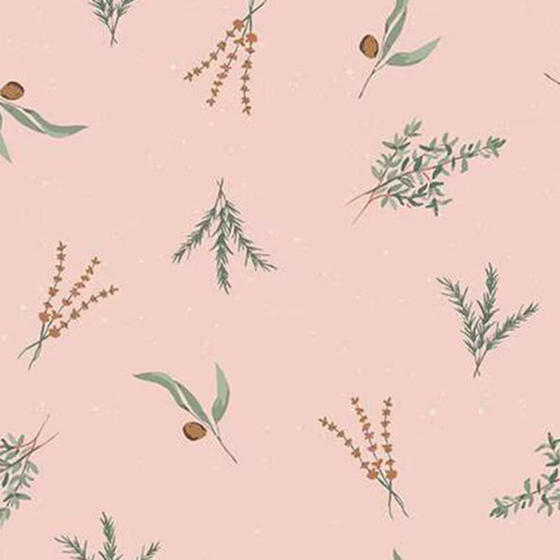 fabric pattern of leaves and branches with on a pale pink bakcground