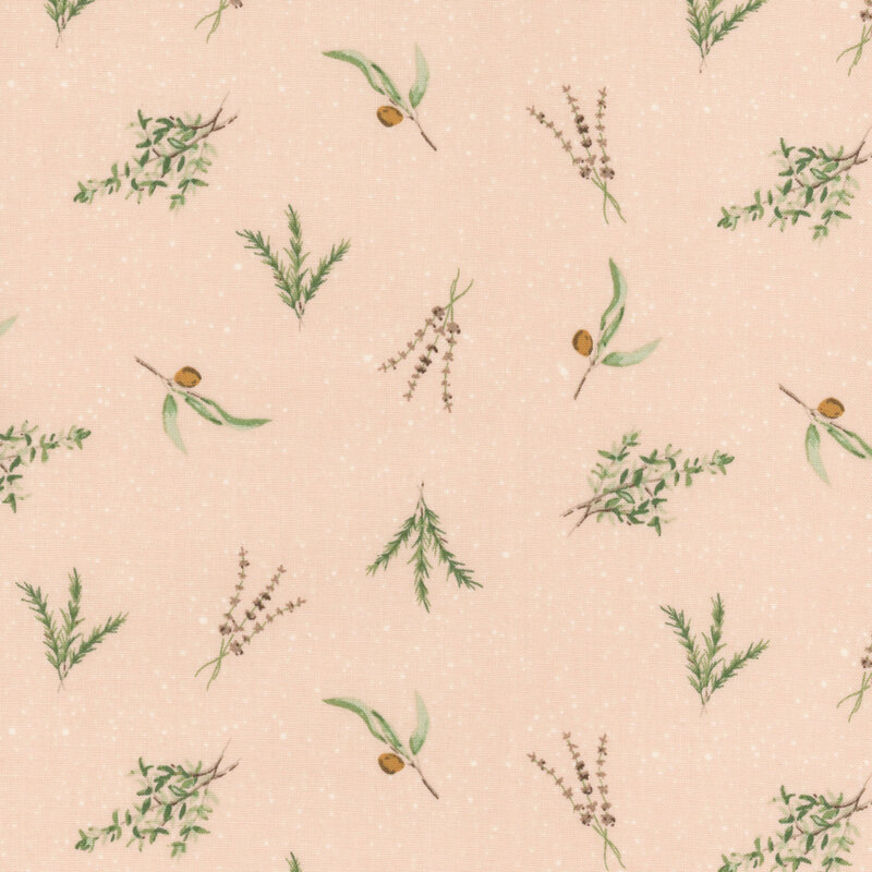 fabric with leaves and branches with on a pale pink background