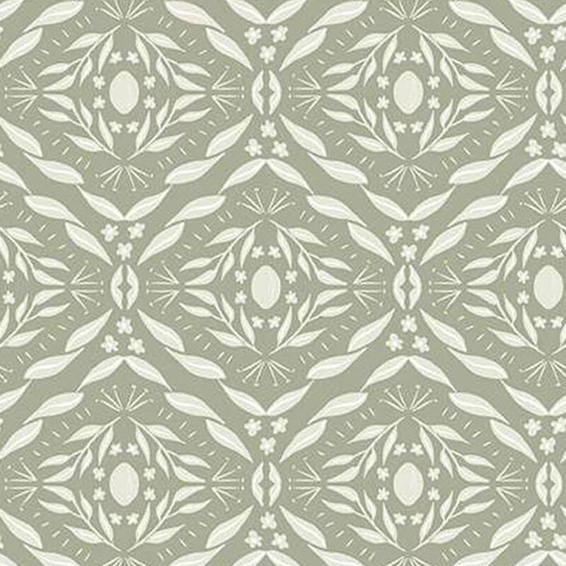 fabric pattern of abstract leaves and flowers on a sage green background 