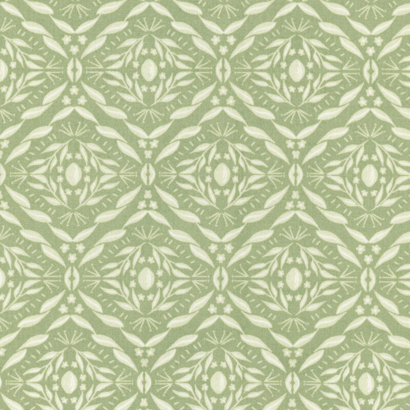 fabric with damask leaves and flowers on a sage green background 