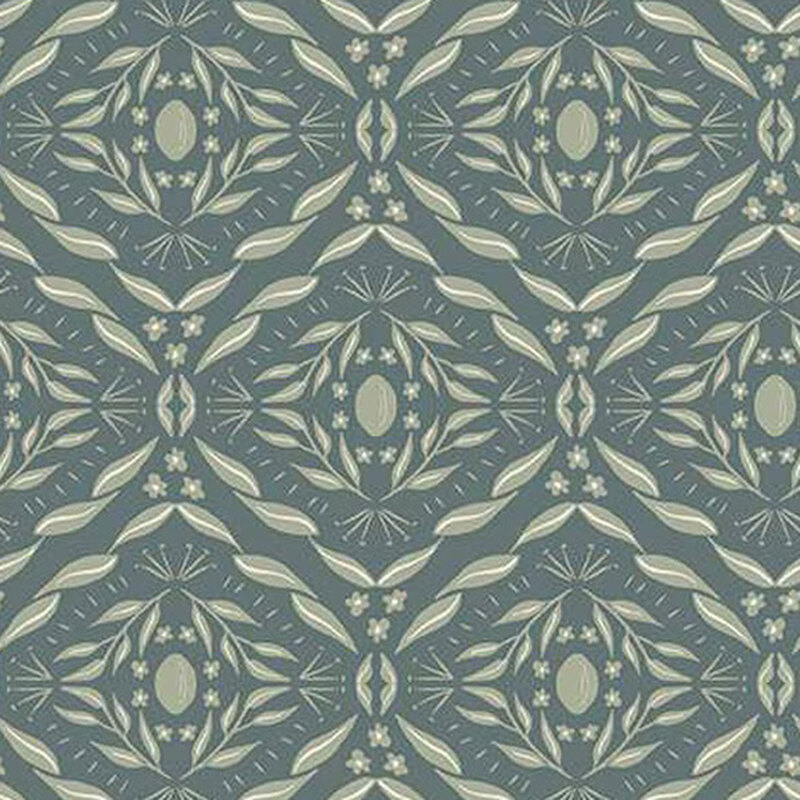 fabric pattern of abstract leaves and flowers on a blue background 