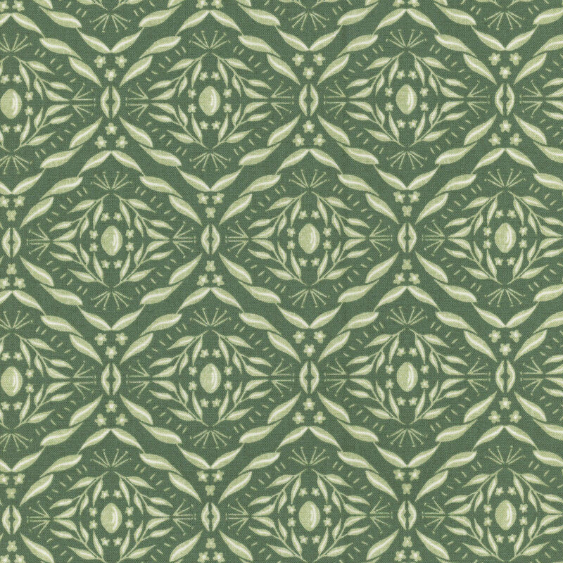 fabric with damask leaves and flowers on a teal-green background 