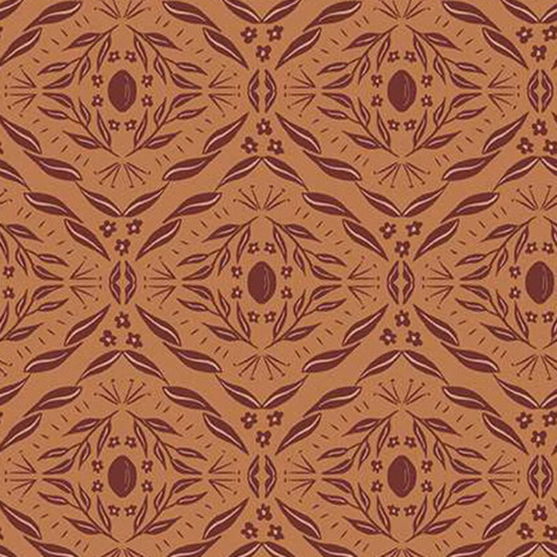 fabric pattern of abstract leaves and flowers on a orange background 