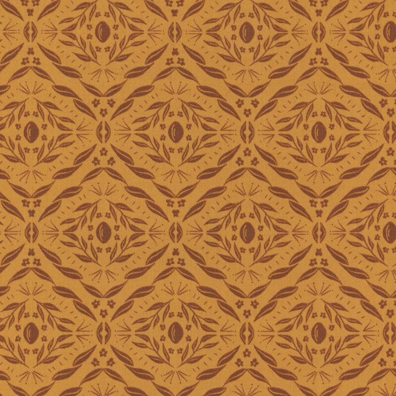 fabric with damask leaves and flowers on an orange background 