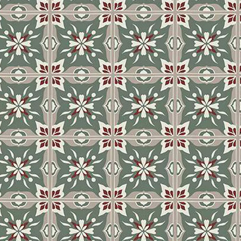 fabric pattern of abstract shapes arranged similar to a plaid on a green background