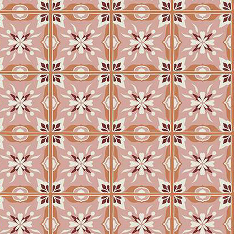 fabric pattern of abstract shapes arranged similar to a plaid on a pink background