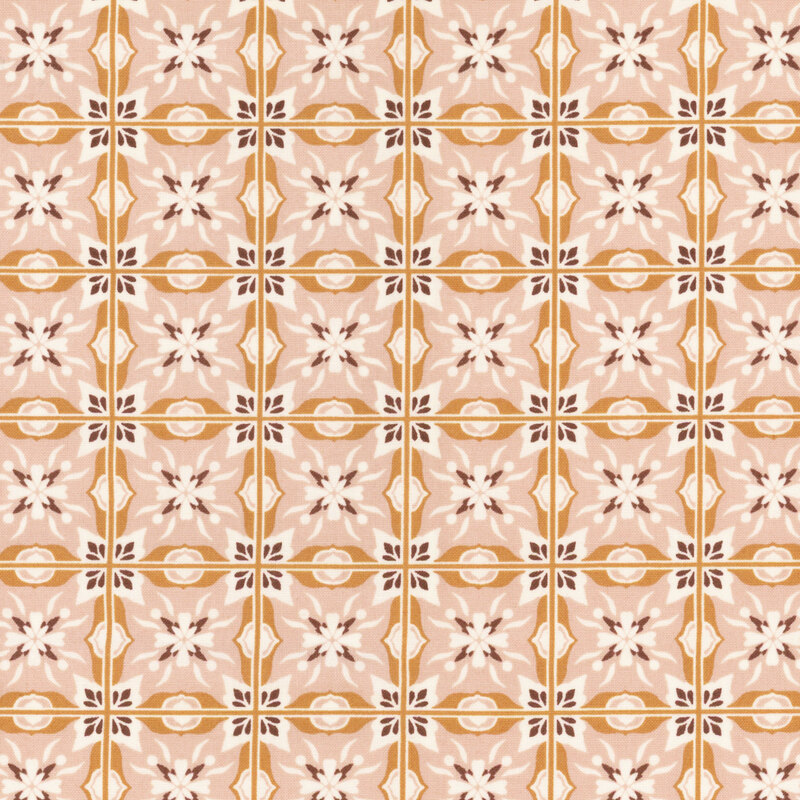 fabric with abstract shapes arranged similar to a plaid on a pink background