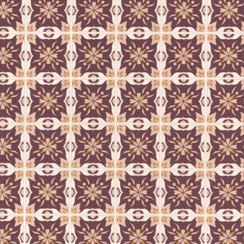 fabric with abstract shapes arranged similar to a plaid on a maroon background