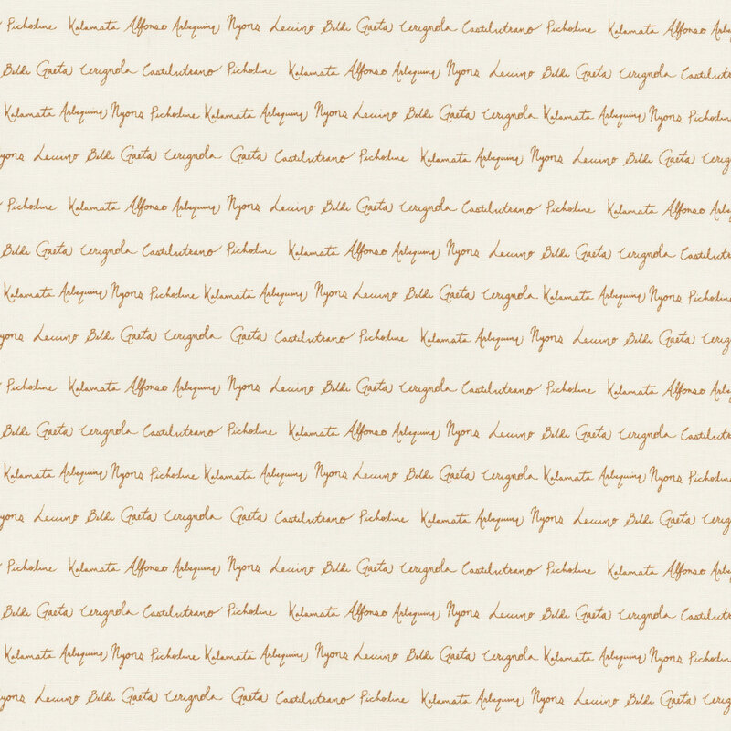 fabric with types of olives written in orange cursive on a white background.