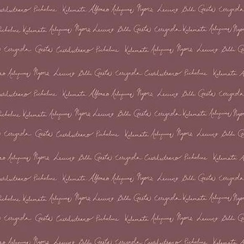 fabric pattern of white words on a pale purple background