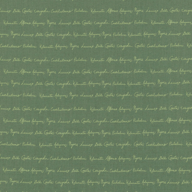 fabric with types of olives written in cursive on a teal background.