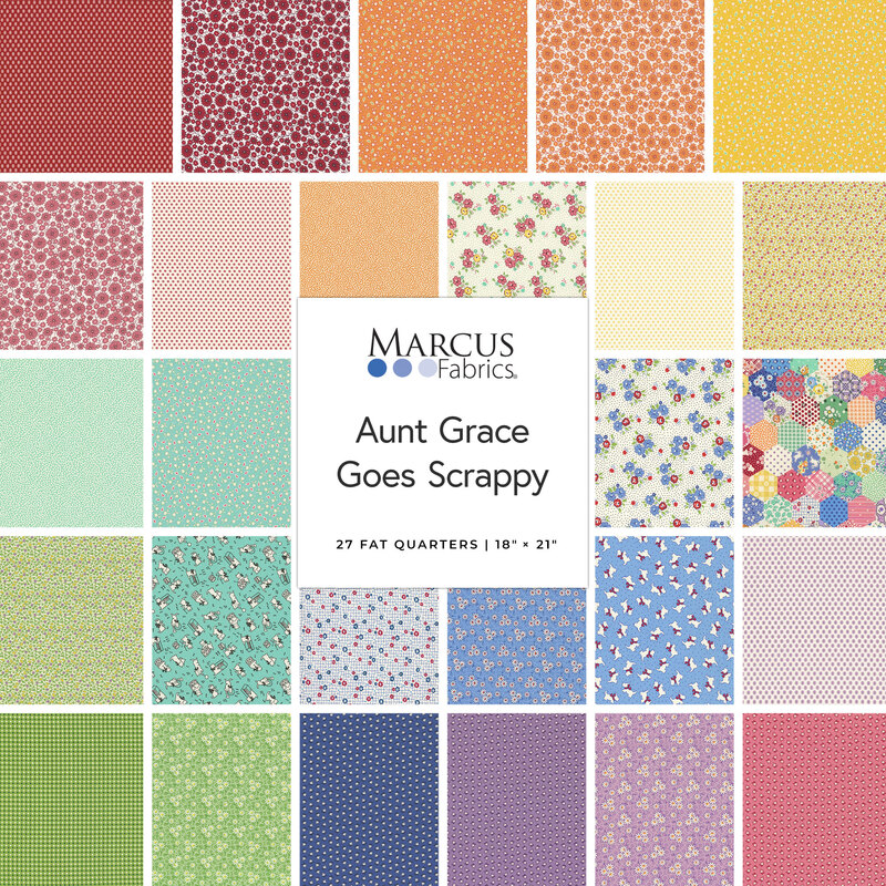Fanned collage of colorful fabrics in the Aunt Grace Goes Scrappy FQ Set