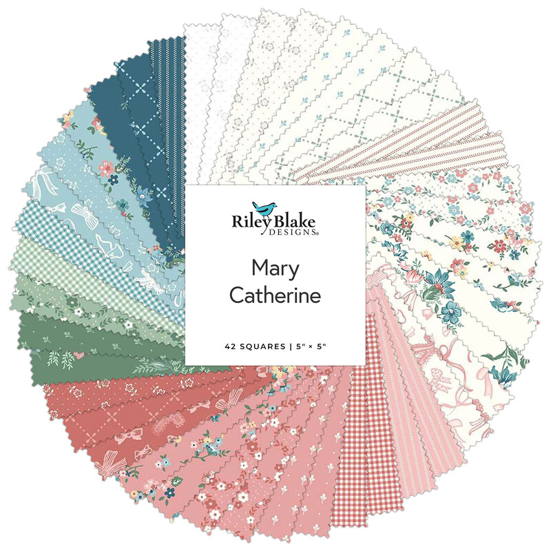 spiral collage of pink, blue, green, and white fabrics with a riley blake tag in the center.