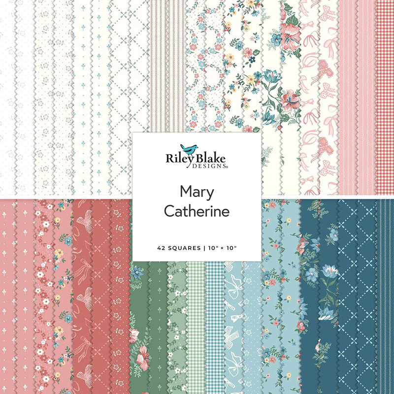 a collage of pink, blue, green, and white fabrics with a riley blake tag in the center.