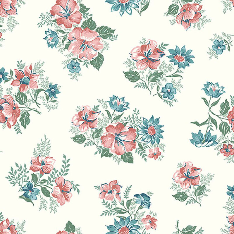 fabric pattern of pink and blue flowers in a bouquet with green leaves surrounding it on a white background