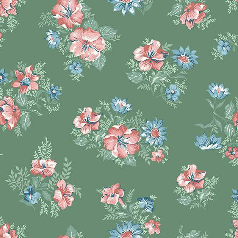 fabric pattern of pink and blue flowers in a bouquet with green leaves surrounding it on a green background