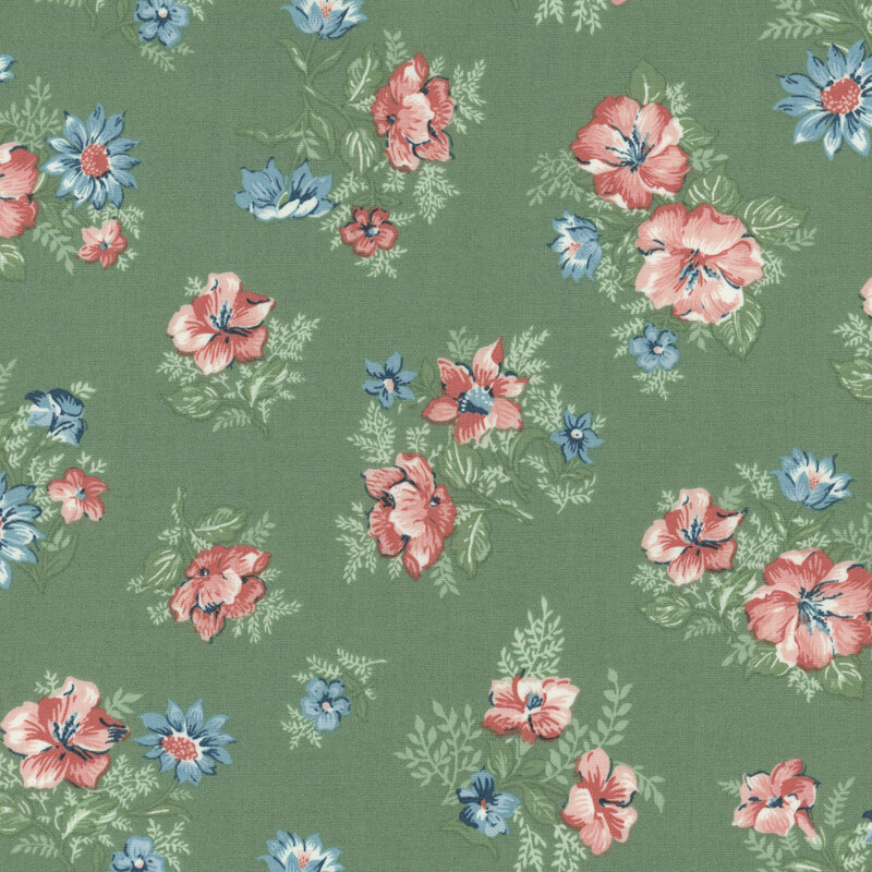 Green fabric with tossed sprigs of pink and blue flowers.